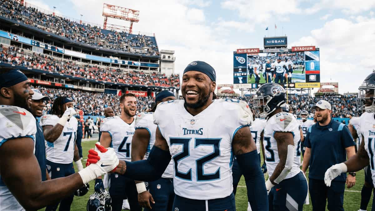 Derrick Henry smiling with Tennessee Titans teammates on the sideline during an NFL game, after a strong performance.