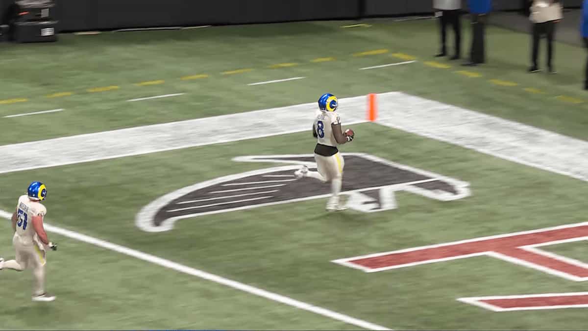 Los Angeles Rams running back Kyren Williams scores a touchdown against the Atlanta Falcons during the Monday Night Football game