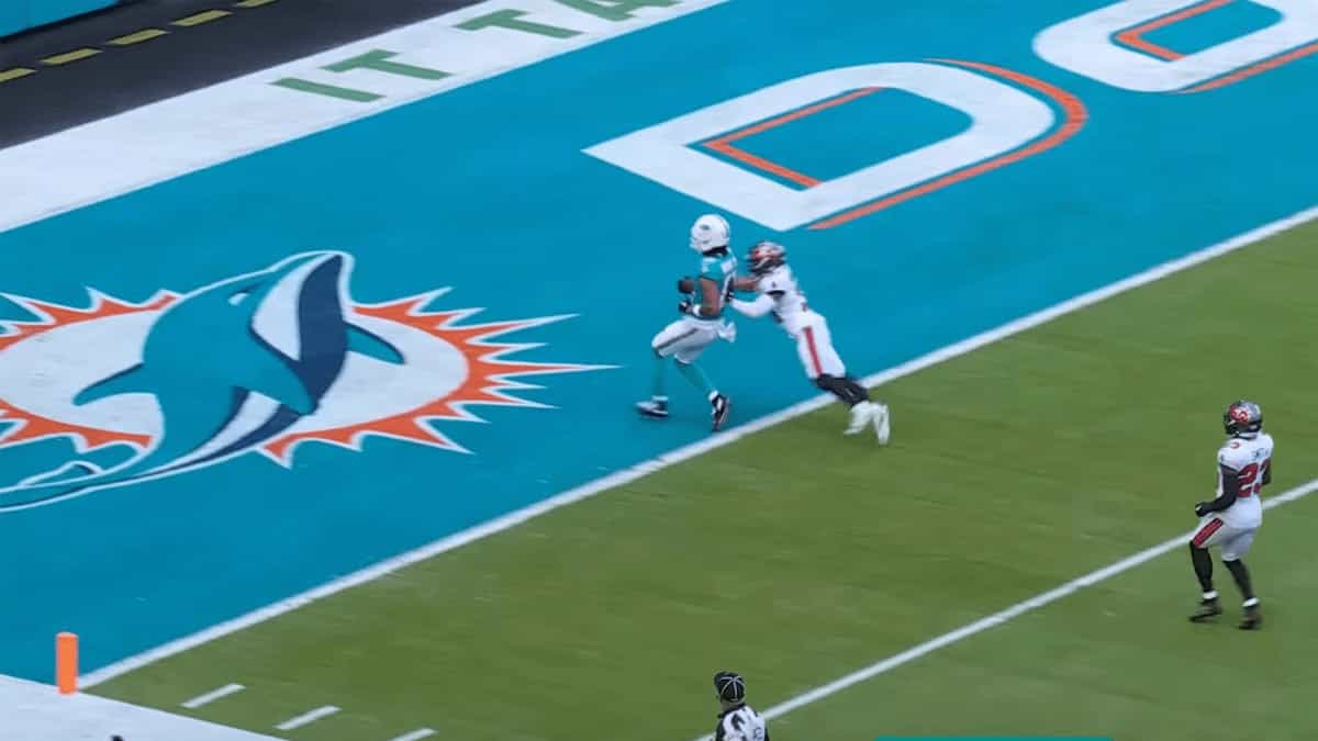 Miami Dolphins receiver scores a touchdown in the end zone against the Tampa Bay Buccaneers during the 20–17 Week 17 game
