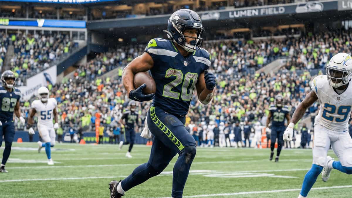 A Seattle Seahawks running back sprints down the sideline during a home game at Lumen Field as defenders chase the play.